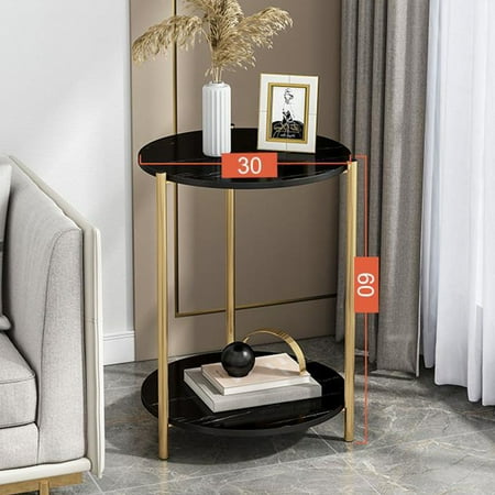 2-Tier Side Table, Faux Marble Round End Table, Faux Marble Texture Finish Top Waterproof Outdoor & Indoor Side Table, Nightstand for Living Room,Bed Room, Patio