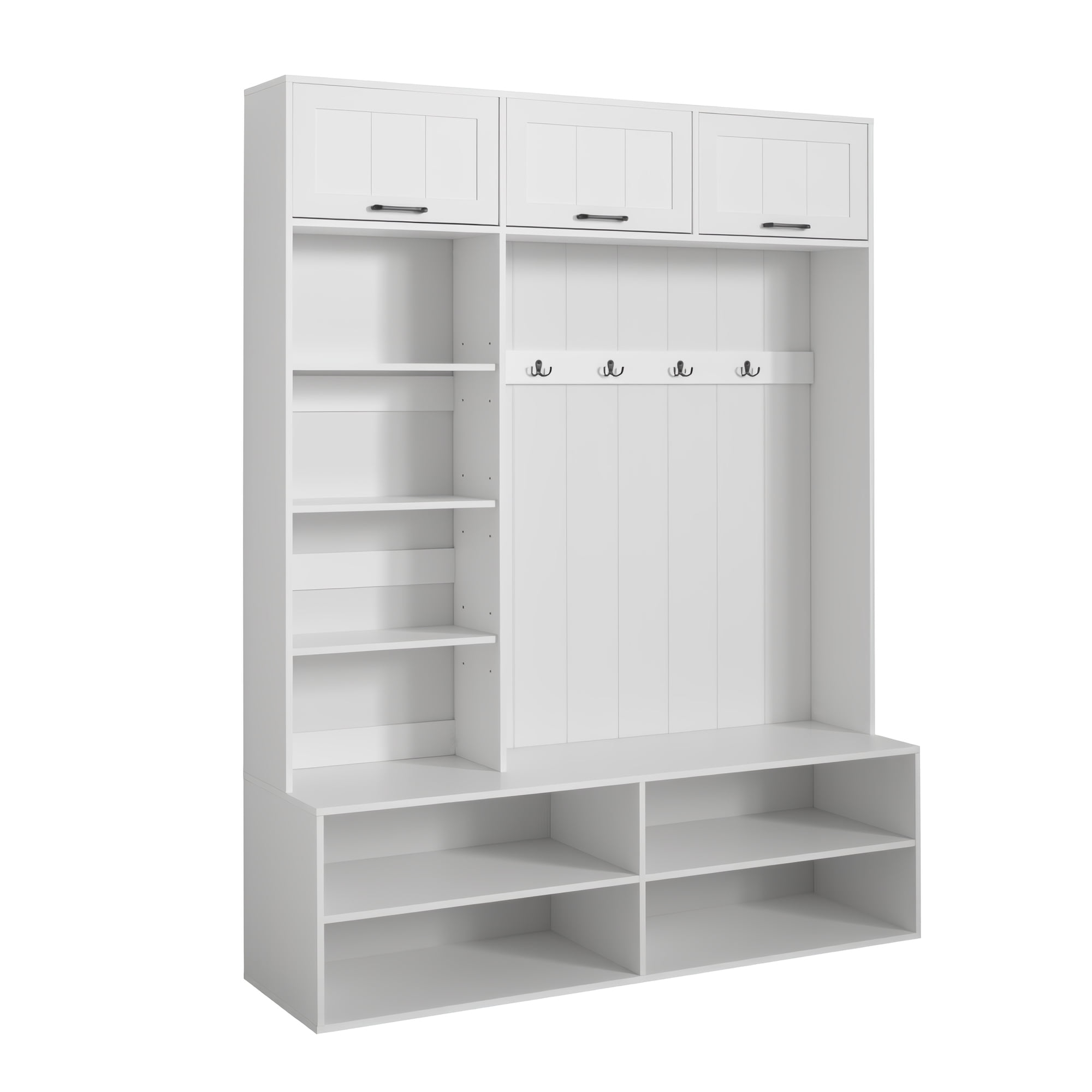 HOQBN 77"H Farmhouse Hall Tree with Bench and Shoe Storage, 5-in-1 Entryway Bench with Coat Rack, Modern Entryway Storage Organizer Cabinet with 4 Hooks for Hallway, Entryway, Living Room,White
