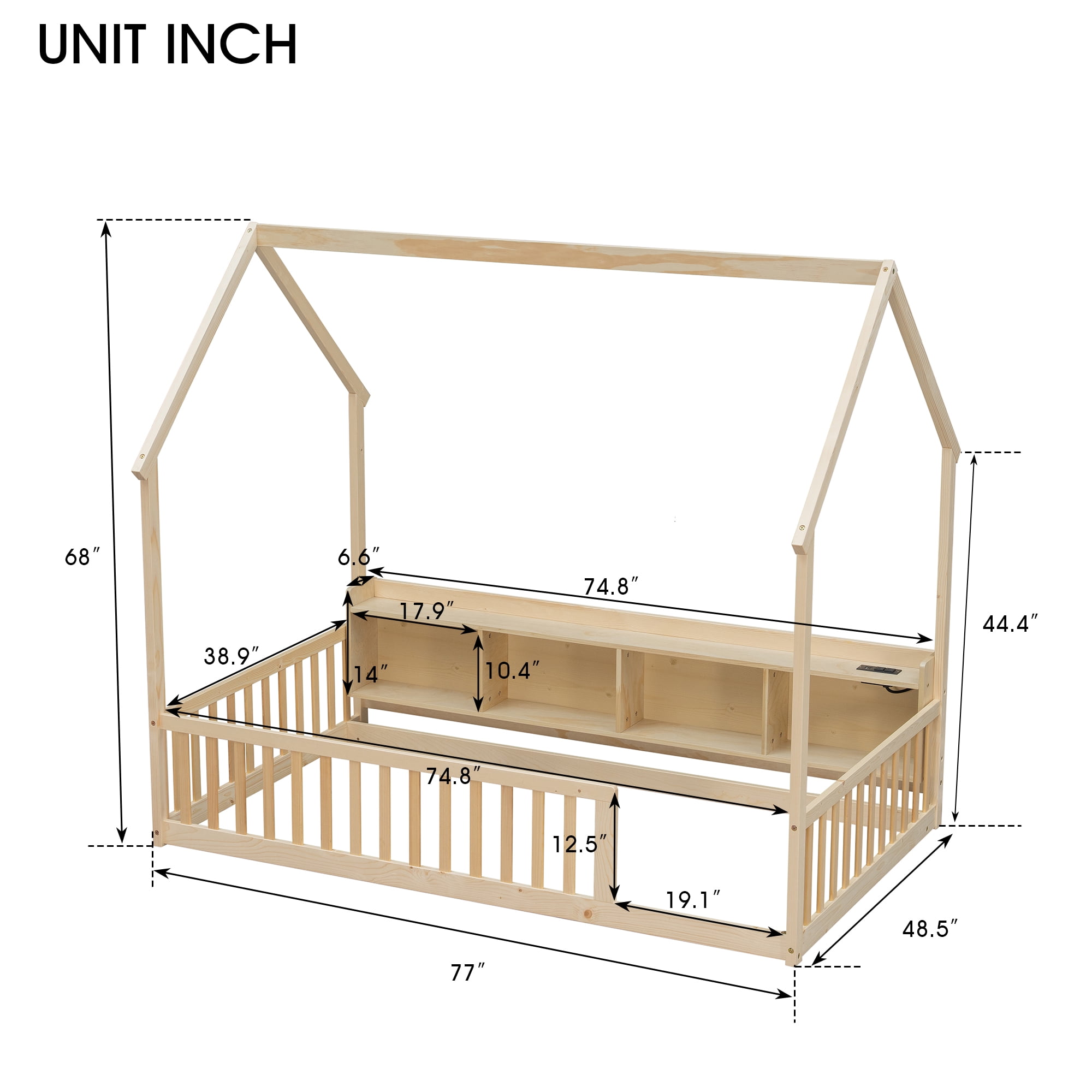 Floor Bed with House Design and Storage Shelves, Twin Pine Wood Platform Bed and Charging Station Bed Frame with LED Lights and Guardrails, Natural