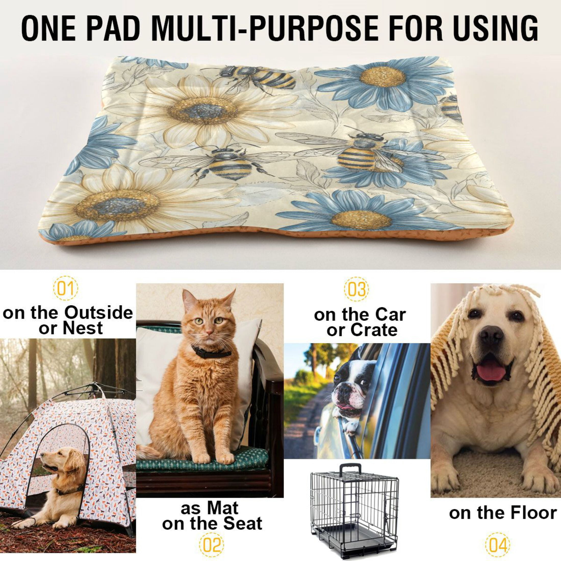 Qxltty Blue White Flower Bee Pattern Ped Pad Wear-resistant and Hard to Bite Through Sleeping Pad for Small Medium Large Dogs Winter Pet Bed 36×24in
