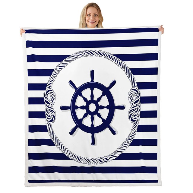 Erosebridal Blue Rudder Fleece Blanket,Stripes Sherpa Throw 40x50,Ocean Bedroom Decor