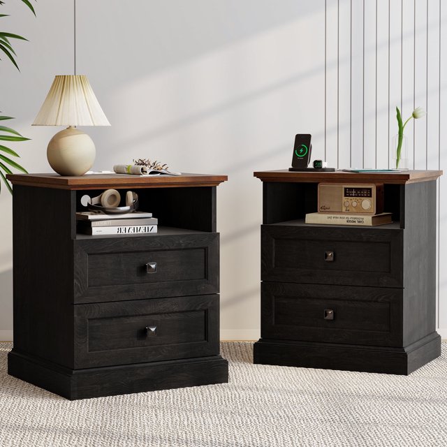 FIAKOA Ensemble de 2 Tables de Nuit avec Station de Recharge, Table de Chevet avec 2 Tiroirs de Rangement et Tablette Ouverte, Table d'Appoint avec Prises, Table d'Extrémité Moderne en Bois pour Chambre et Bureau, Espresso