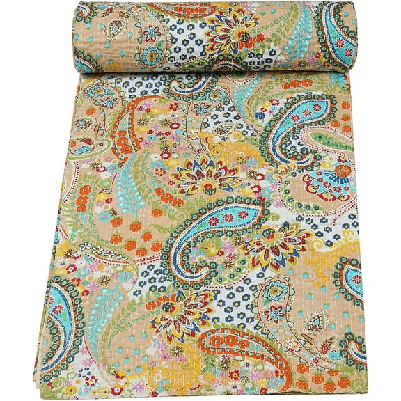Trademoon Indian Handmade Paisley Print Cotton Kantha Quilt ,Bedsheet,Bedspread,Throw Blanket Size ( Single 60" x 90" )