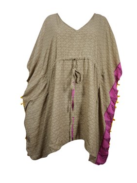 Mogul Short V Neck Kaftan Brown Printed Kimono Sleeves Summer Comfy Short Caftan XL