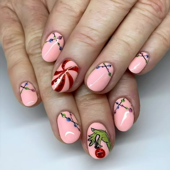 Yoyauz 24 PCS Christmas Fake Nail Pink Berry Christmas Light Bulb Design Short Fake Nail, Christmas Color Nail Used for DIY Nail Decoration in Winter