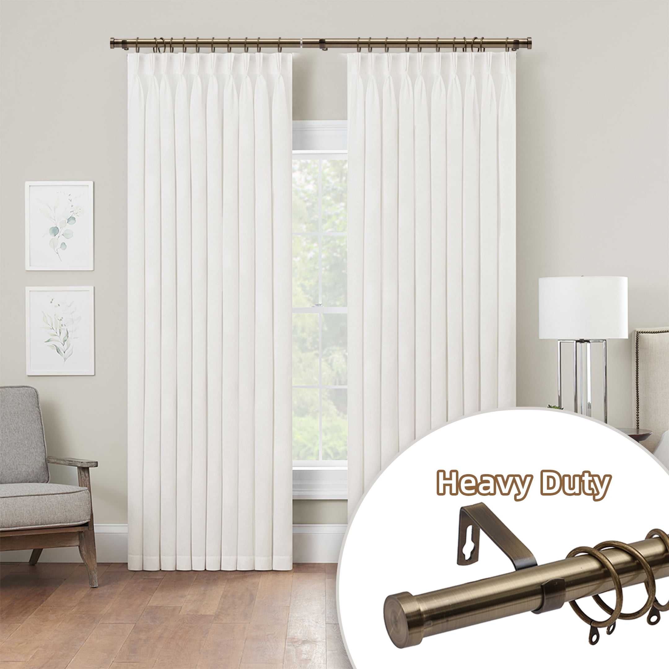 Coquilles 1 Inch Diameter Adjustable Modern Curtain Rods, Antique Brass with Cap Finials, 28-48 Inches