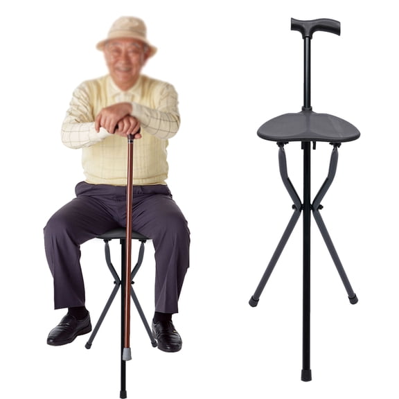 AIQIDI Foldable Tripod Stool Lightweight Anti-slip Multifunctional Three Legged Seat Walking Stick Aluminum Alloy Crutch Chair, 249 lbs Load Black