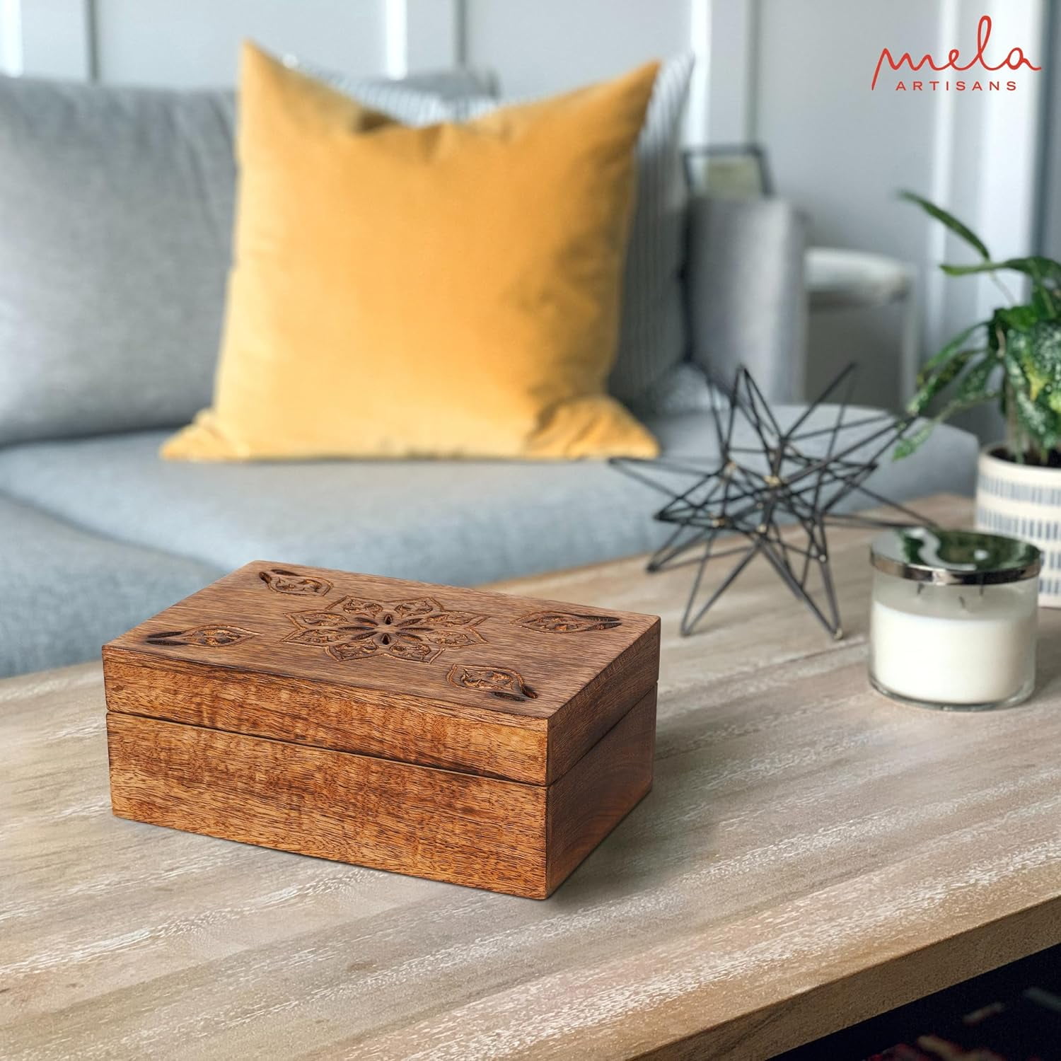 Mela Artisans Handcrafted Mango Wood Keepsake Box, Wood Decor Box, Burnt Mango, 9"x6"x3.5"