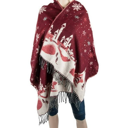 AERUSI Men or Women's Reversible Snow Village Blanket Cashmere Scarf Wrap Oversized Shawl with Fringes