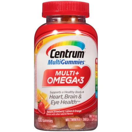 Centrum Adult MultiGummies Multi + Omega-3 (100 Count, Natural Strawberry, Lemon, Orange Flavors) Multivitamins / Multimineral Supplement Gummy, Vitamins D3, B,