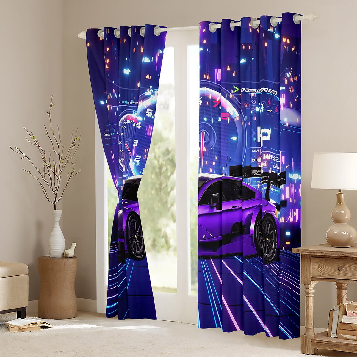 Sports Car Curtains Racing Car Cool Sports Curtains & Drapes for Youth Teenagers Extreme Sports Race Speed Automobile Print 30%-50% Blackout Curtains (52Wx84L,Purple)
