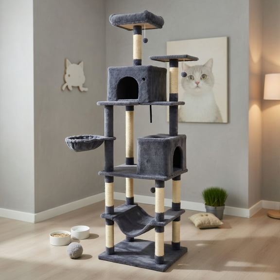 Resenkos 80-Inch Tall Large Cat Tree with Two Big Condos and Hanging Toys, Dark Gray