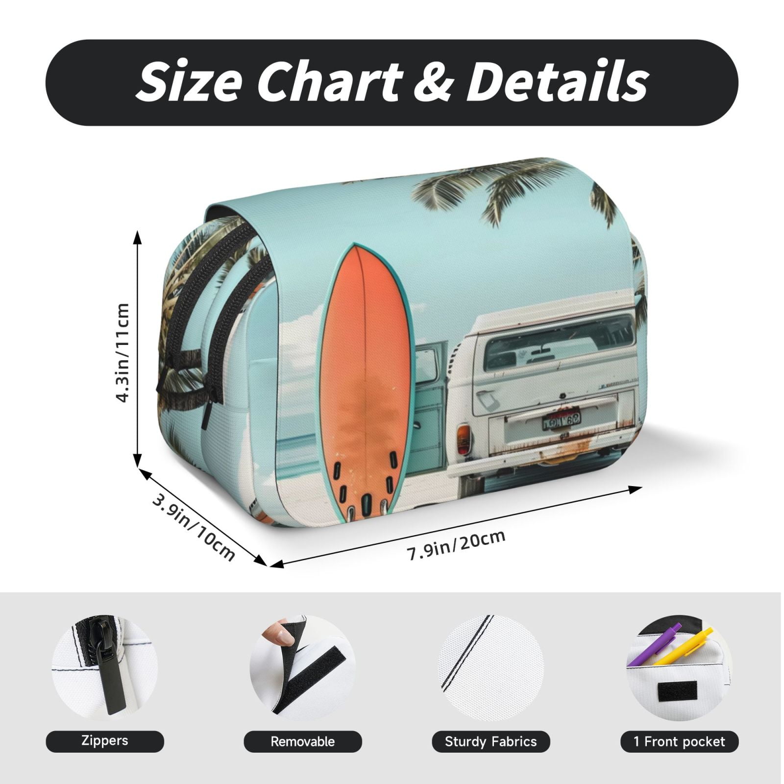 Rateoe Vintage Surf Van Beach Pattern Double Clamshell Pen Case, Storage Organizer with Two Zipper Compartments– Holds Up to 50 Pencils & Pens