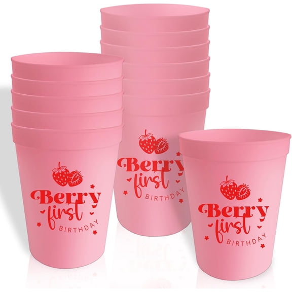 Berry Sweet 1st Baby Plastic Cups 12oz Pink Strawberry Birthday Reusable Cups Strawberry Baby Shower Birthday Drinkware Berry Theme First Birthday Party Supplies 12Pcs
