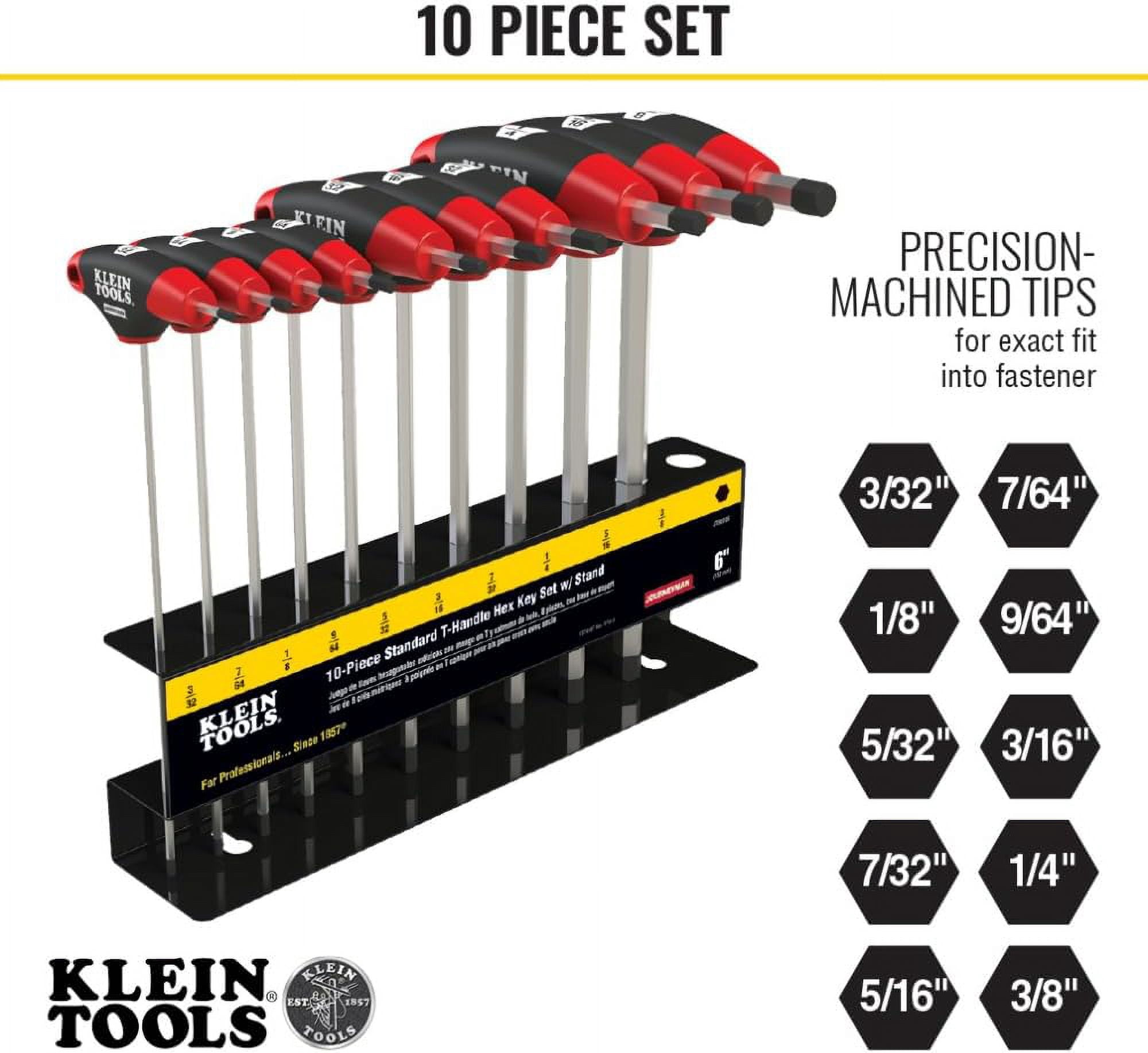 JTH610E T-Handle Hex Key Set, SAE Inch Sizes Allen Wrench Set with 6-Inch Blades, Stand Included, 10-Piece