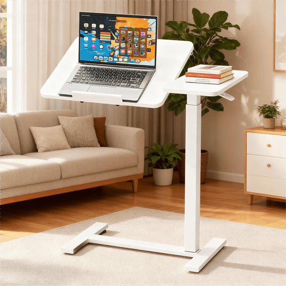 CONCETTA Overbed Table with Wheels Mobile Standing Desk, Adjustable height, Single-Sided Flip, Saves Space for Hospital, Home, White