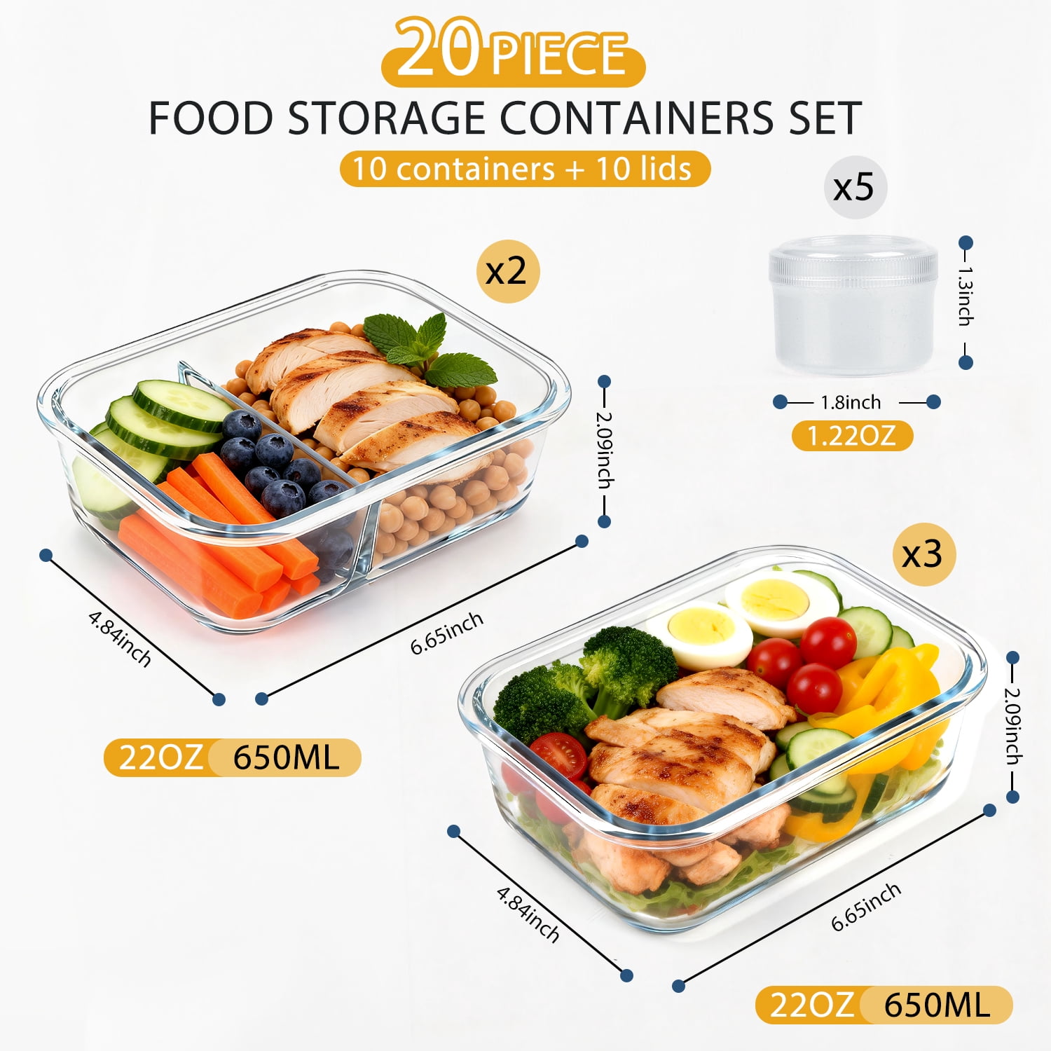 20 Pcs Glass Food Storage Containers with Lids 22oz, 1 & 2 Compartment Glass Airtight Meal Prep Containers with Sauce Containers(10 Containers & 10 Lids), Oven & Freezer Safe, Leak Proof, Grey