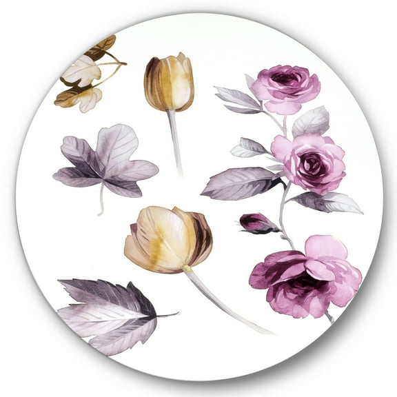 Designart 'Orange and Pink Wildflowers' Traditional Circle Metal Wall Art 36x36 - Disc of 36