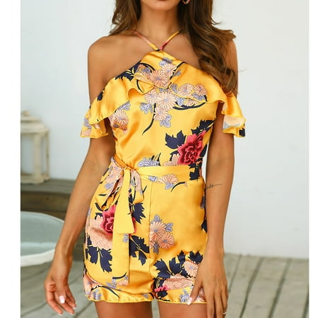 Women's Clubwear Holiday Summer Mini Jumpsuit Playsuit Romper Beach Shorts Dress Yellow