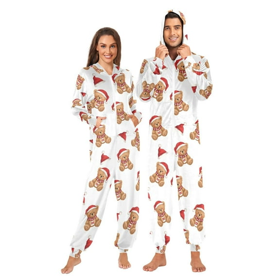 Adult Christmas Onesie Christmas Teddy Bear Pattern Zipper One-Piece Pajamas Unisex with Pockets