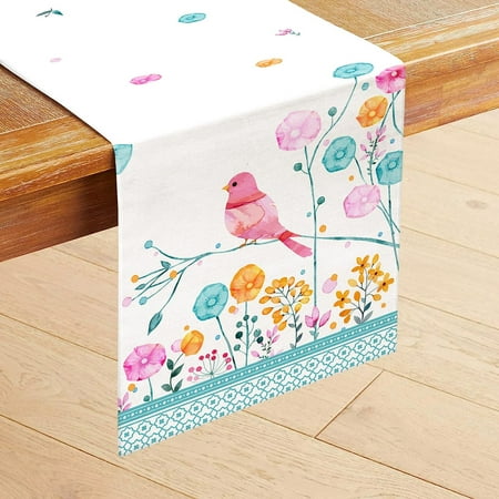 

Colorful Flowers Table Runner. Spring Summer Season Rustic Farmhouse Flowers and Birds Style Table Runner for Holiday Party and Dining Room Dresser Decor 13 x 72 inch