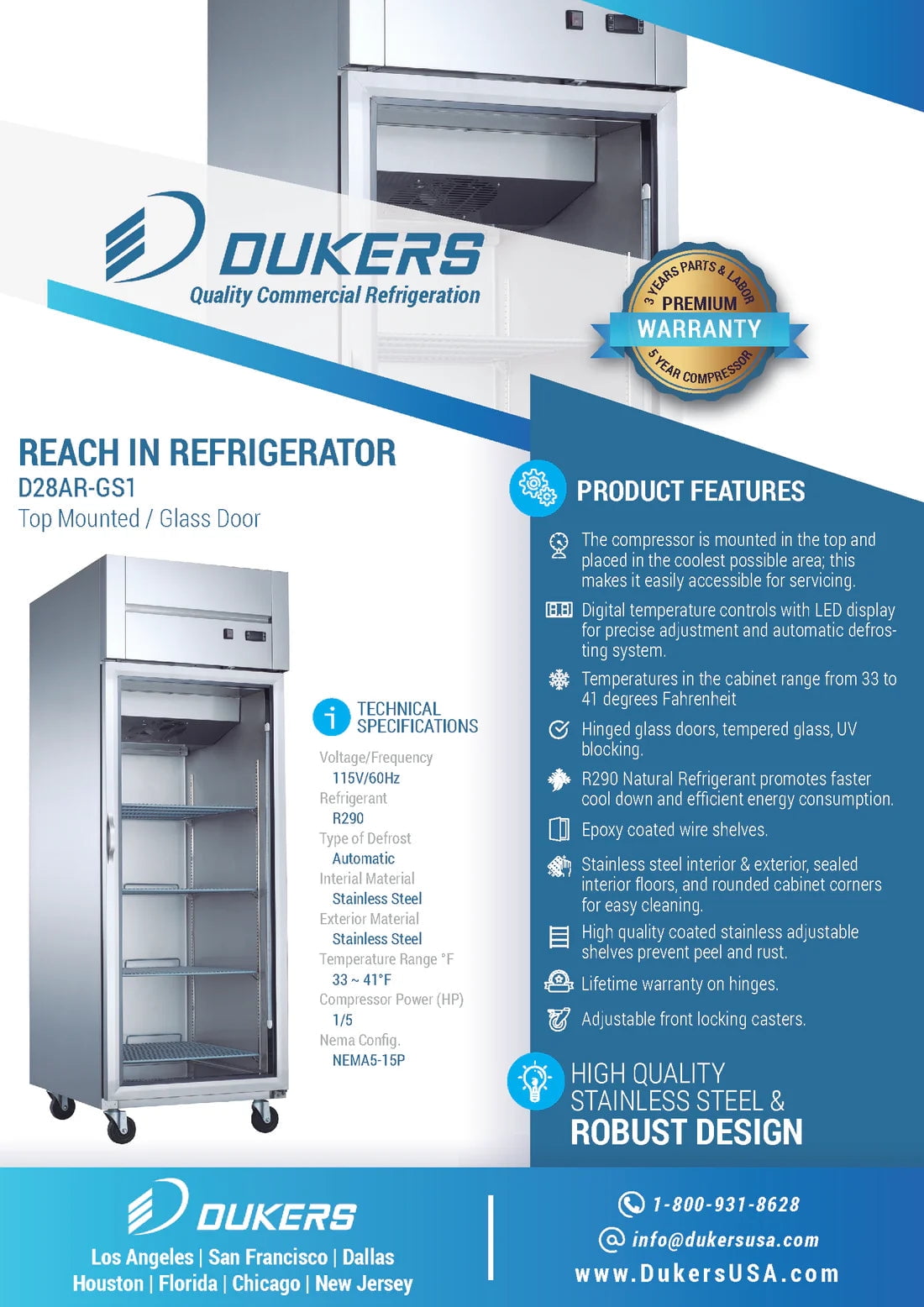 Dukers 28 cu ft, 1 Glass Door Top Freezer Refrigerator