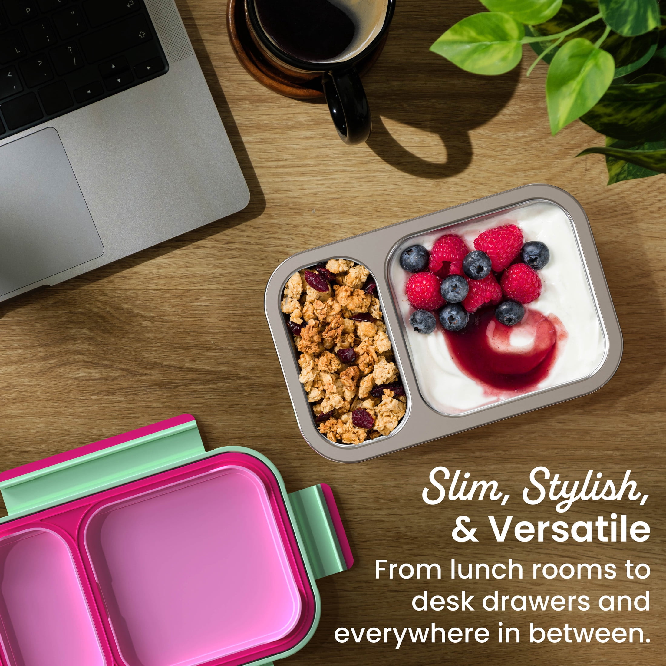 Bentgo Stainless Steel Snack Box - Leak-Proof, 2 Compartments, 2-Cup Capacity, Ideal for Kids 3+, Teens & Adults, Durable, Reusable (Strawberry)