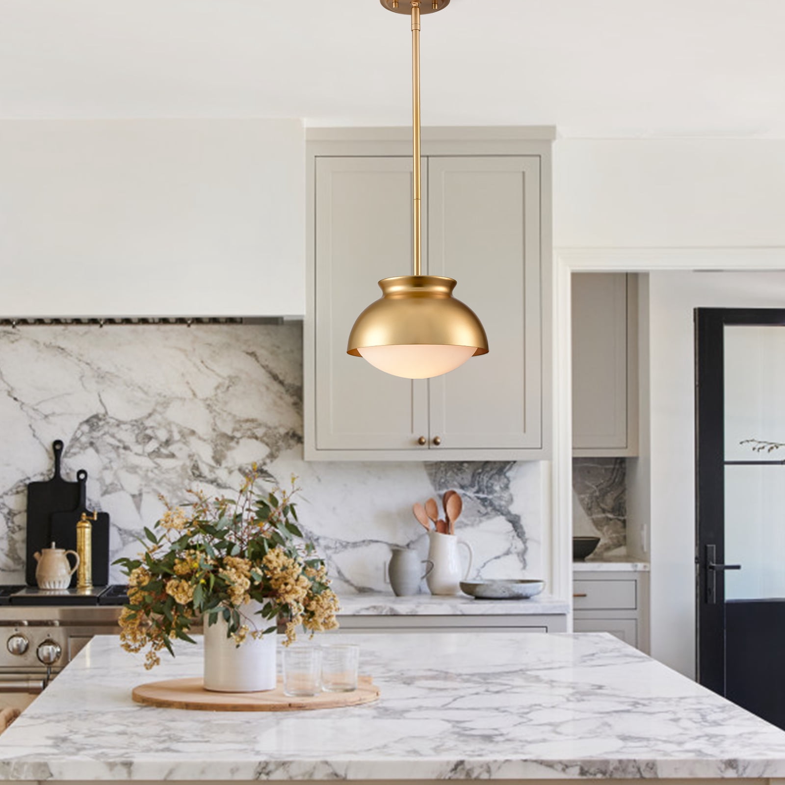 Turin Brass Pendant Light Fixture Dome Brass Pendant Lights Kitchen Island with Milky Glass for Dinning Room, Living Room, Bedroom, Hallway, Entryway
