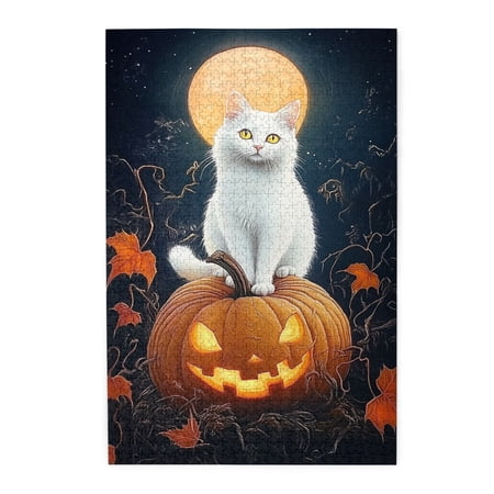 1000 pcs Moonlit Pumpkin Lantern & White Cat jigsaw puzzles 1000 pieces Challenging Brain Exercise Vibrant Design Fun Holiday Gifts Charm Moonlit Pumpkin Lantern & White Cat Wooden Puzzle 1000 Piece