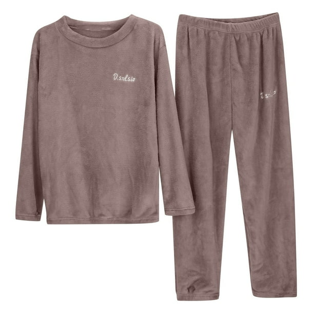 Conjunto de pijama de franela de color liso para mujer: cálido y cómodo, dos piezas, cuello redondo, forro polar coral, adecuado para invierno/otoño, talla única