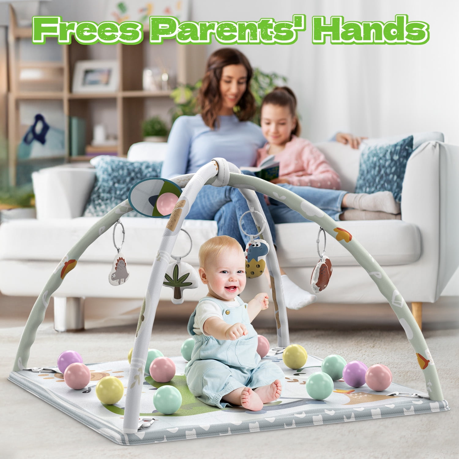 WonderStone 5-in-1 Baby Gym & Play Mat, Tummy Time Toys with Sensory Toys & 18 Balls for Newborns and Infants 0-12 Months, Dinosaur