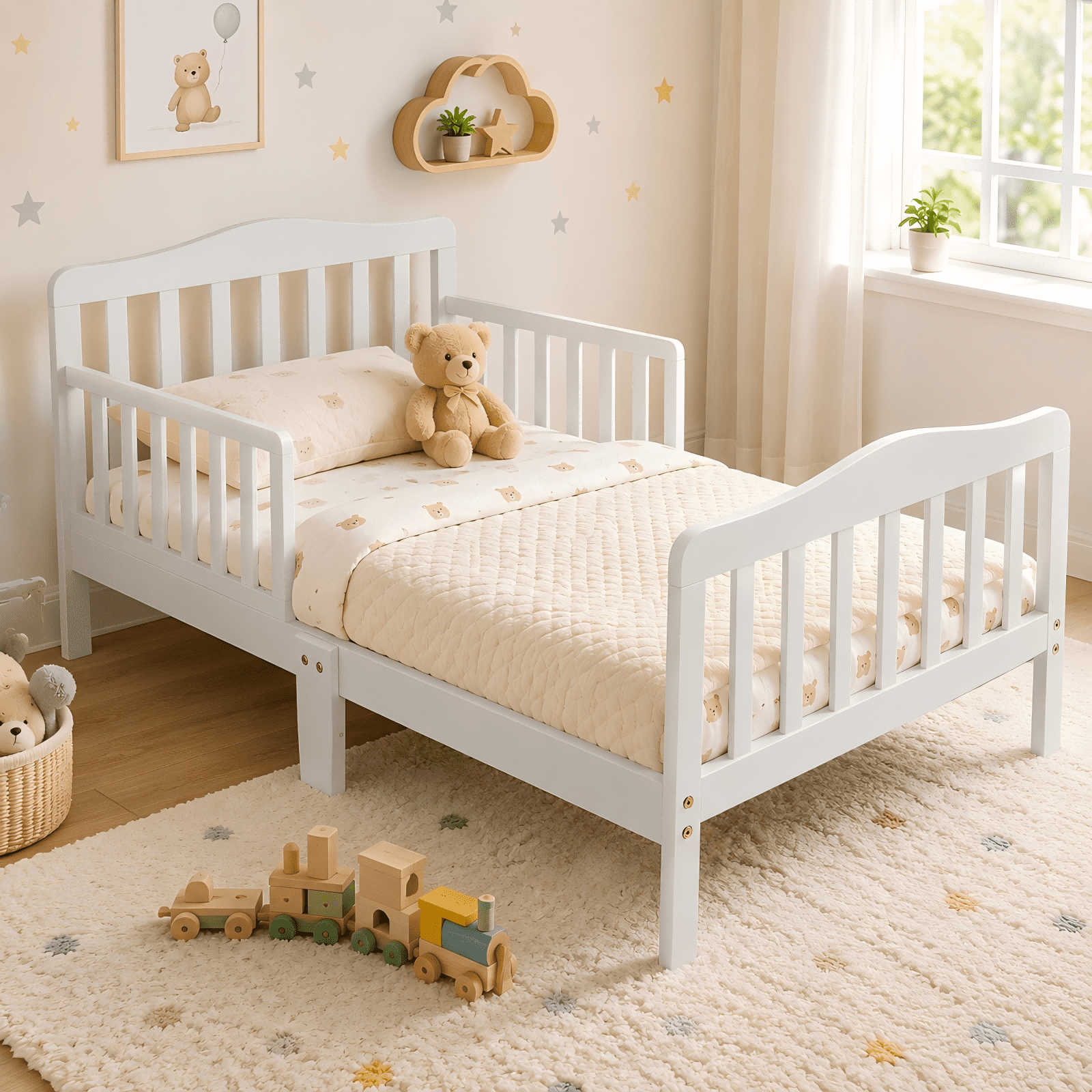 Zimtown Toddler Bed, Wood Kids Bedframe Children Classic Sleeping Bedroom Furniture w/Safety Rail Fence (White)