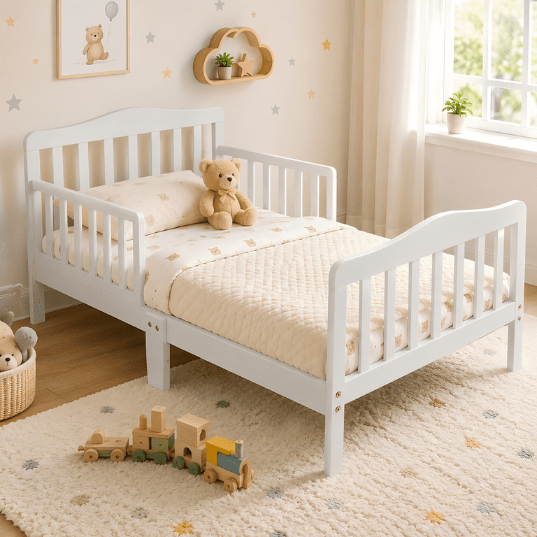 Zimtown, Toddler Bed, White, Wood Kids Bedframe with Safety Rails