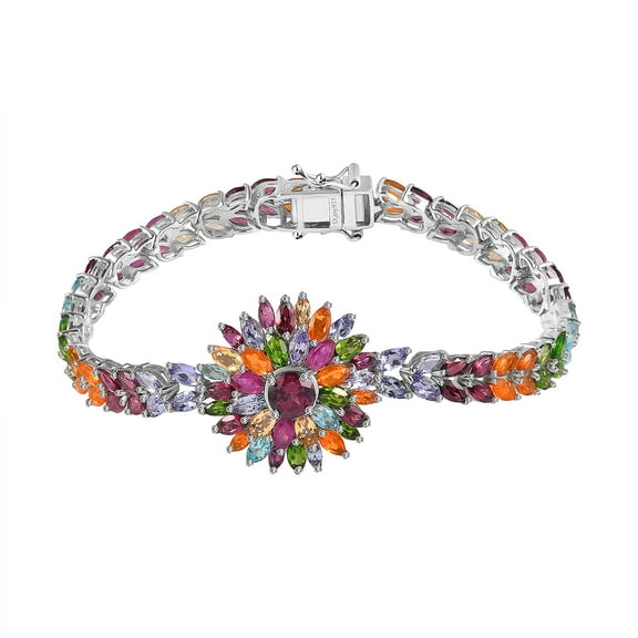 Multi Gemstone Floral Spray Bracelet in Platinum Over Sterling Silver 7.25 In 18.35 ctw Christmas Gifts
