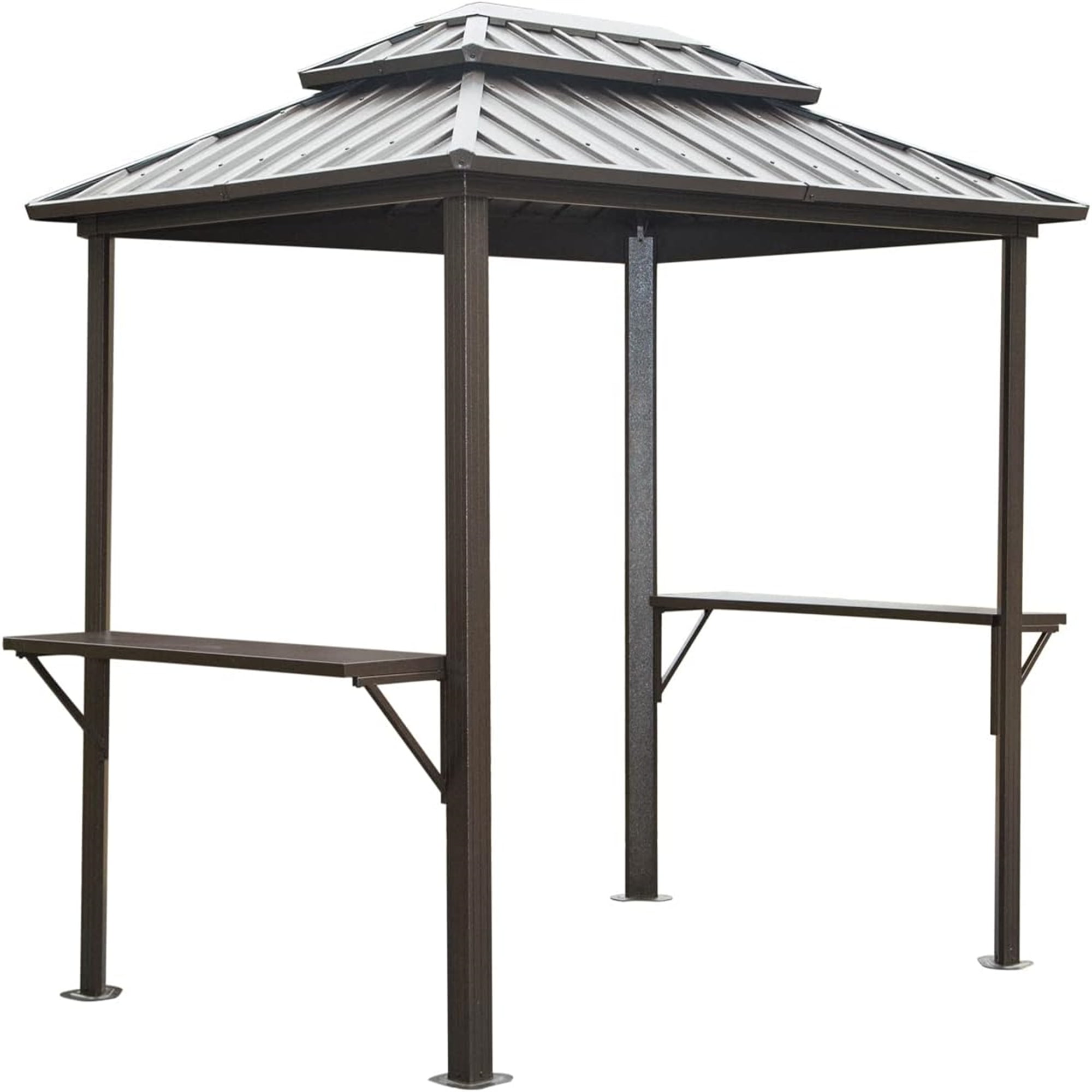 Mondawe Grill Gazebo 8' × 6', Aluminum BBQ Gazebo Outdoor Metal Frame with Shelves Serving Tables, Permanent Double Roof Hard top Gazebos for Patio Lawn Deck Backyard and Garden (Brown)