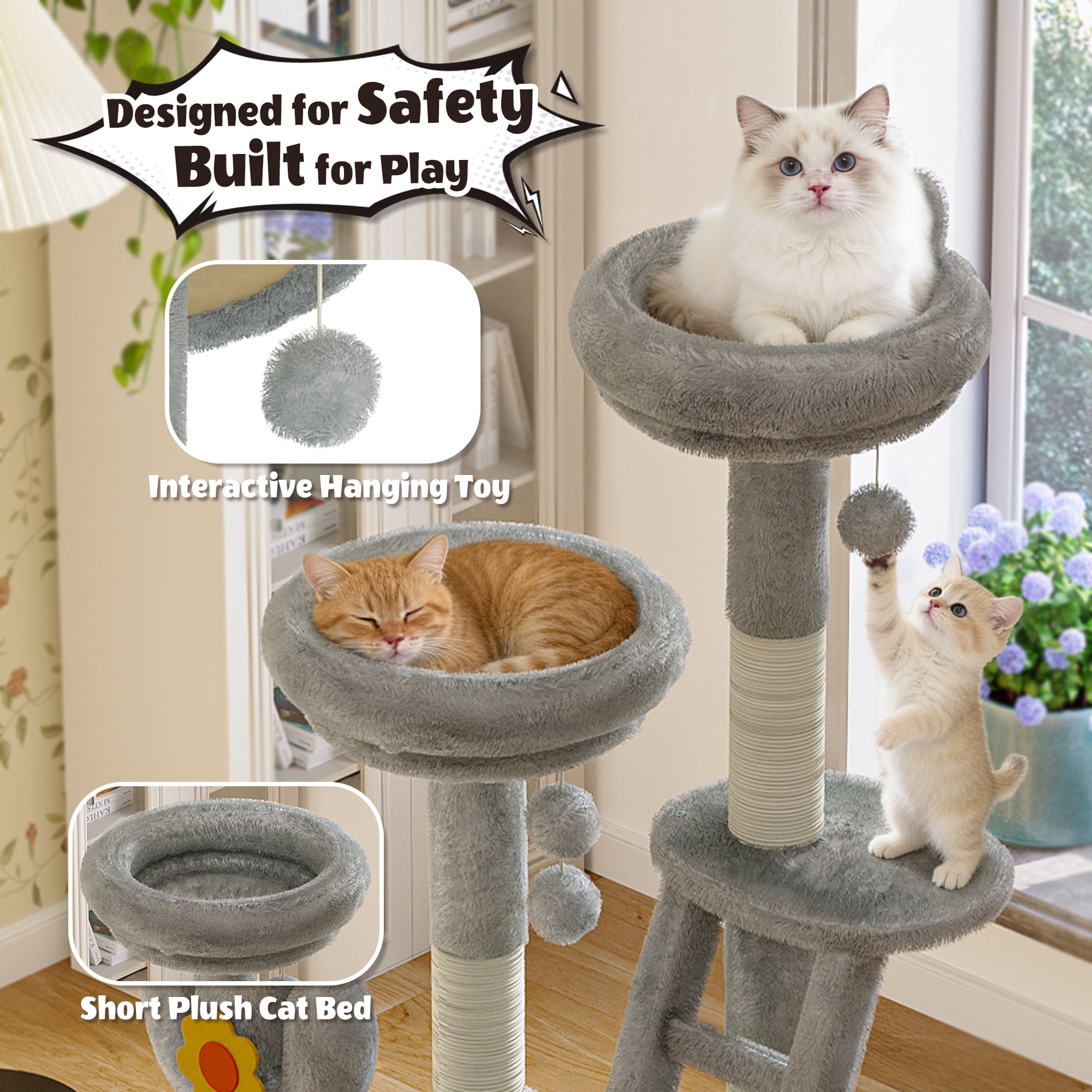 Jopath 72In Cactus Cat Tree Tall Cat Tower with Transparent Capsule,Sisal Scratching Posts,Plush Perches and Interactive Toys for Kittens and Large Cats Gray