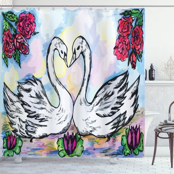 Ambesonne Floral Shower Curtain, 2 White Swans in Lake, 69"Wx70"L, Multicolor