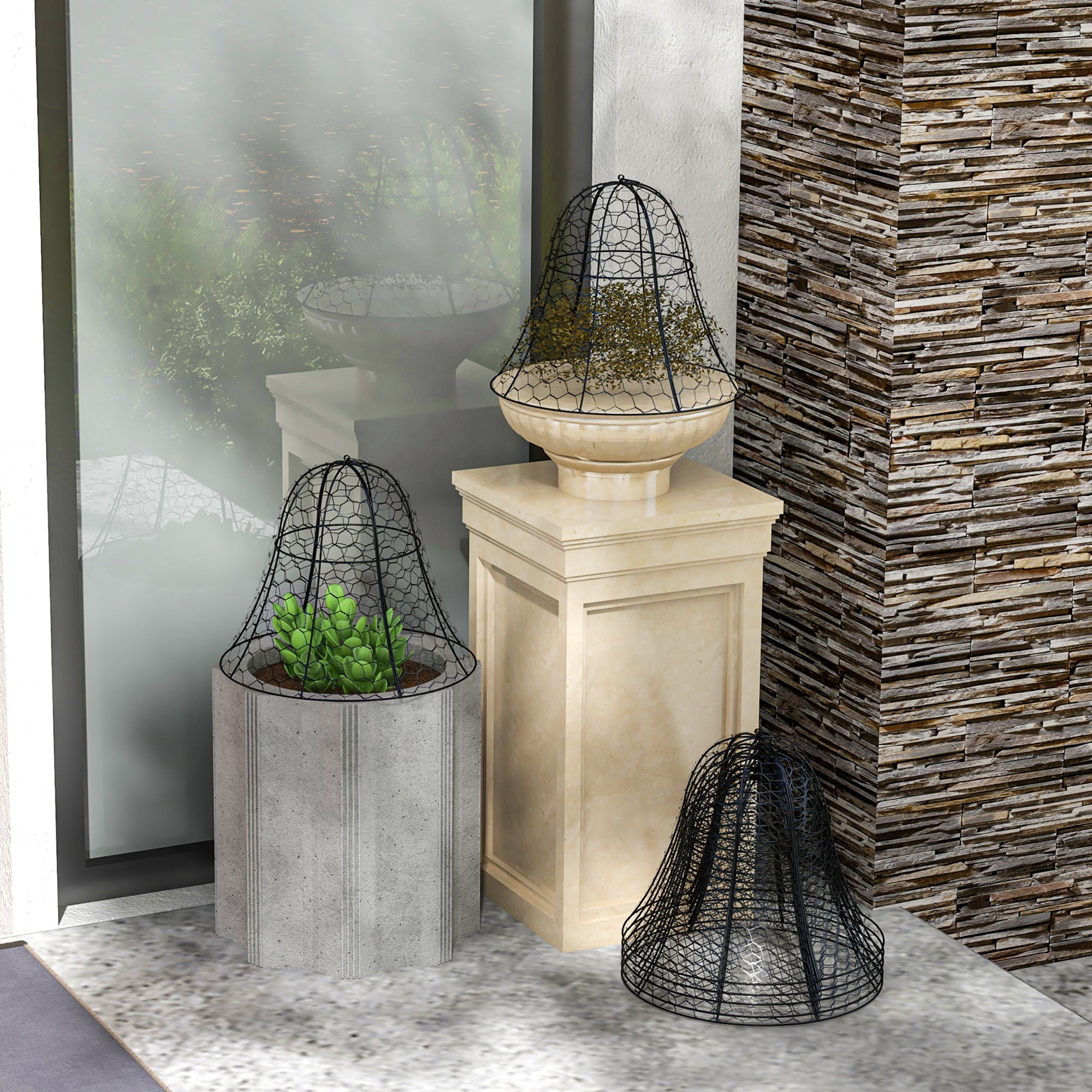 Garden Pots Outsunny Garden Chicken Wire Cloche, 16" x 13" Stackable Animal Plant Protectors, 6 Pack of Metal Crop Cages to Keep Animals Out, Black,Outdoor Garden Planters