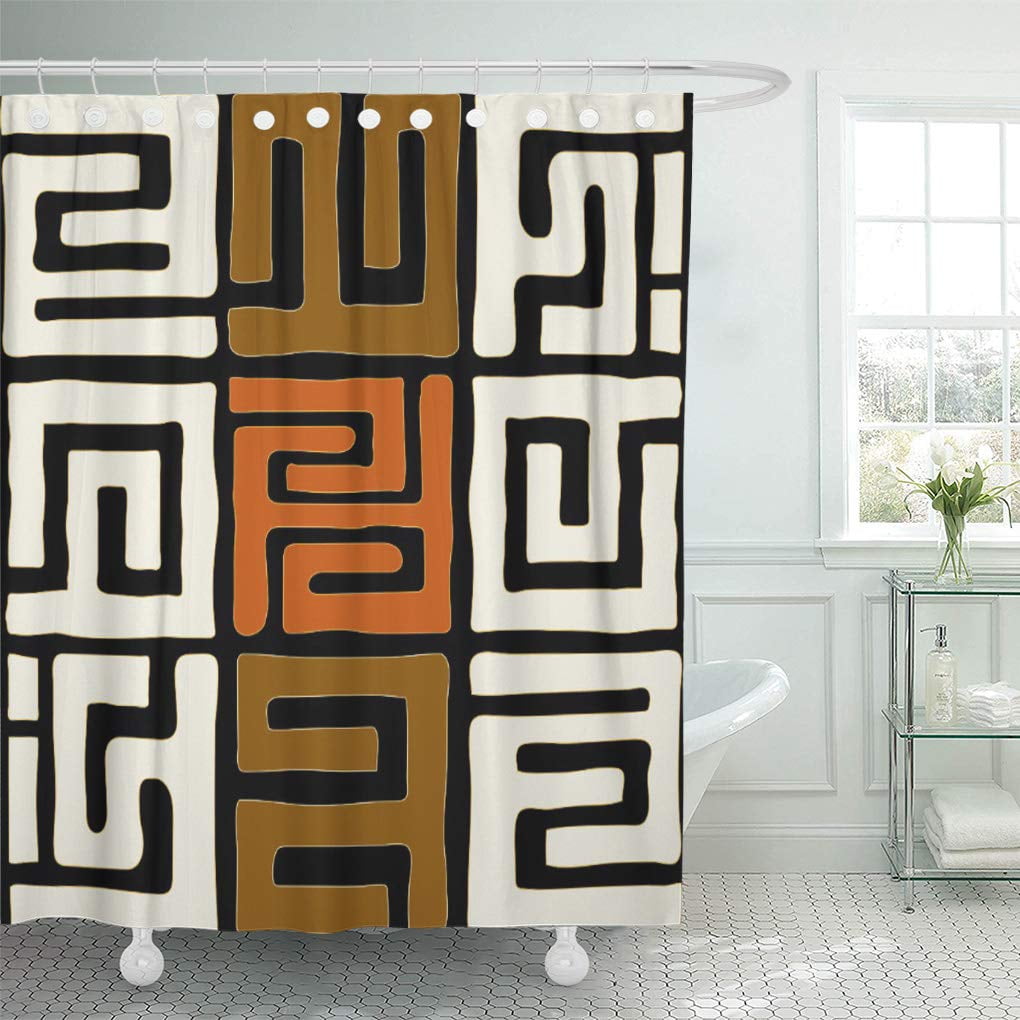 Cynlon Orange Tribal Kuba Inspired Earth Geometric Ethnic Black Earthy Bathroom Decor Bath Shower Curtain 60x72 Inch Walmart Com Walmart Com