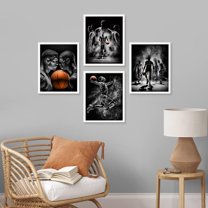 PixonSign Framed Wall Art, Black & White Basketball Star Posters, Set of 4 Boy's Bedroom Illustration Wall Decor, Adhesive Canvas Prints, Multicolor Contemporary Wall Décor - 11"x14" White