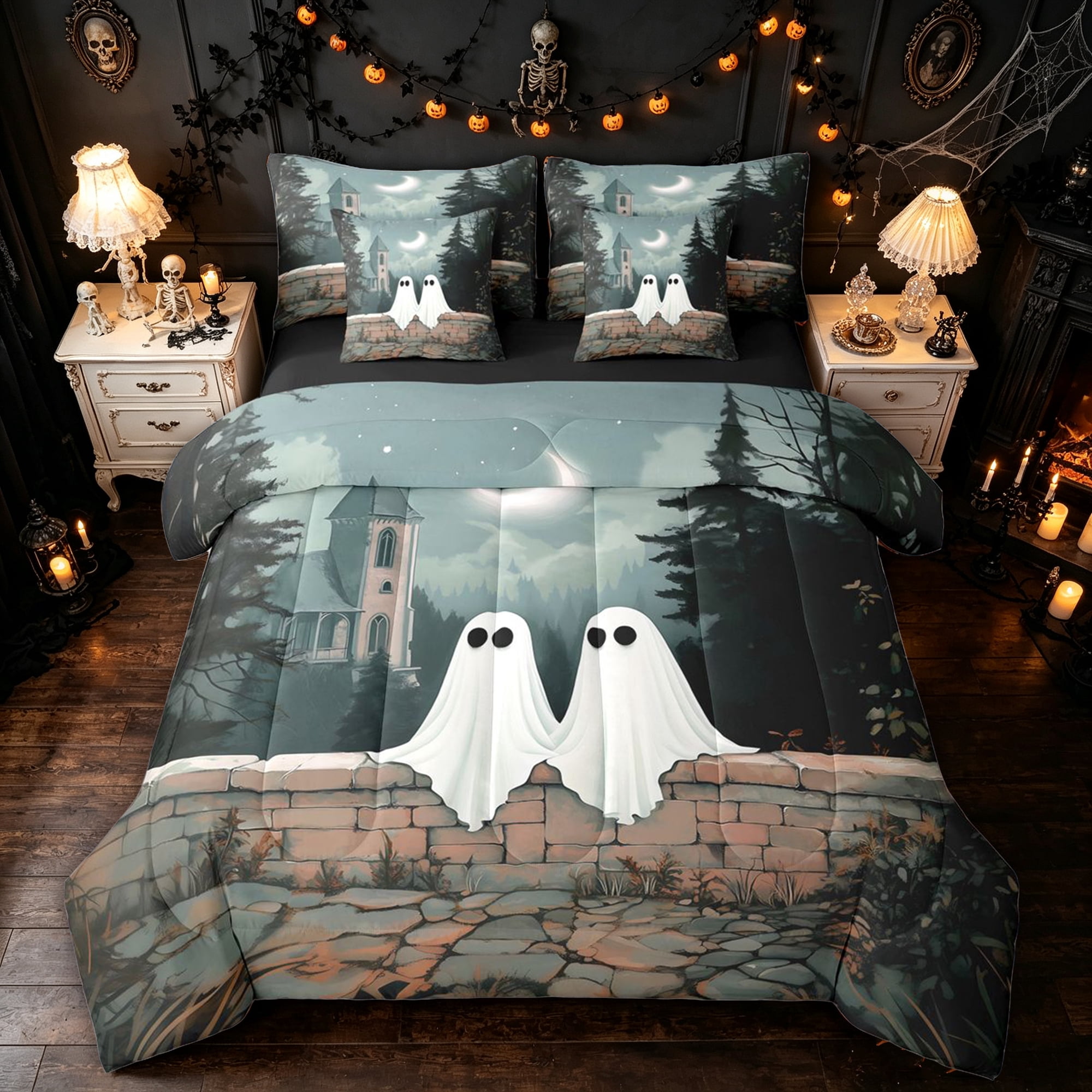 Feelyou Spooky Western Ghost Full Size Bedding Sets Boho Castle Moon Scenery Full Size Bed in a Bag Sage White Black Reversible 7pcs