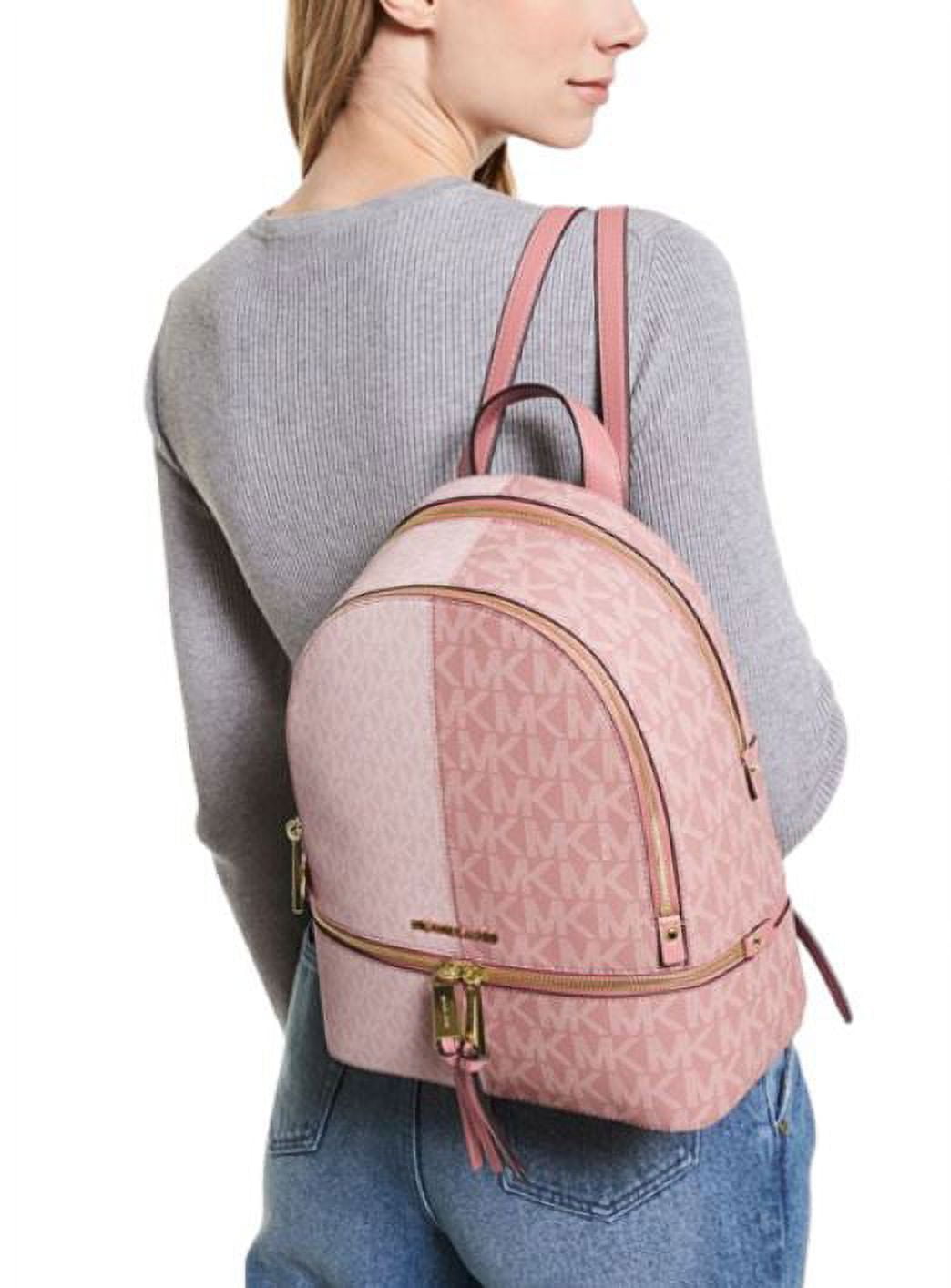 Michael Kors black / pink Rhea Medium Backpack w/ Newsprint Logo at FORZIERI