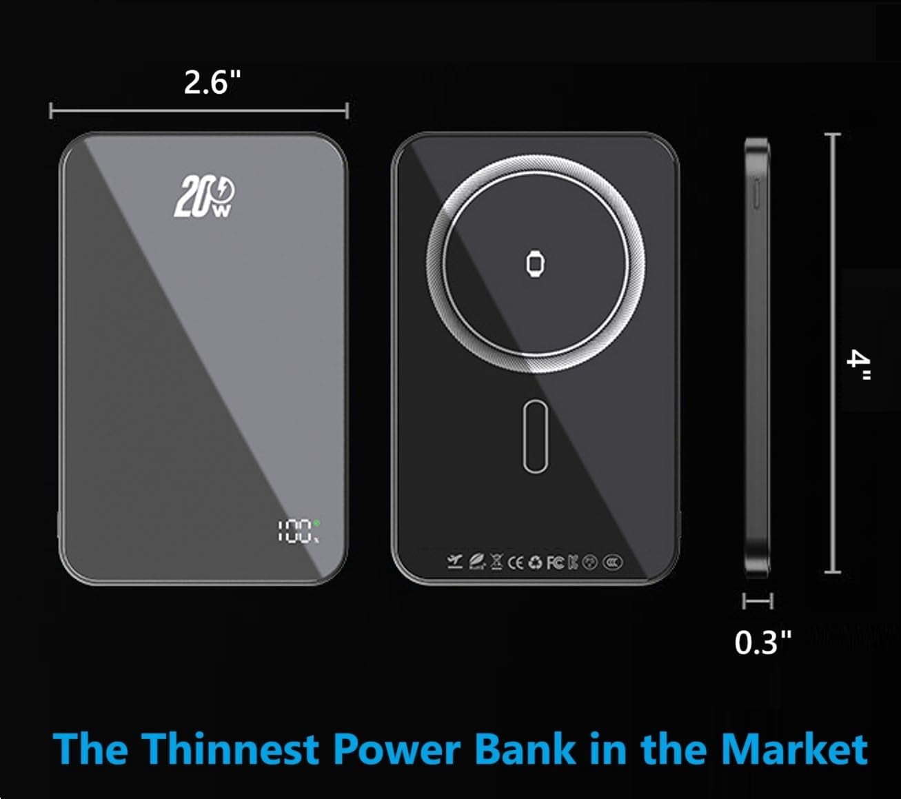 Ultra-Thin Magnetic Portable Power Bank for iPhone, 0.3-inch 10000mAh 20W, Compatible with MagSafe Portable Charger, Ultra-Thin Magnetic Portable Charger for iPhone 12-16, MagSafe Power Bank for iWat