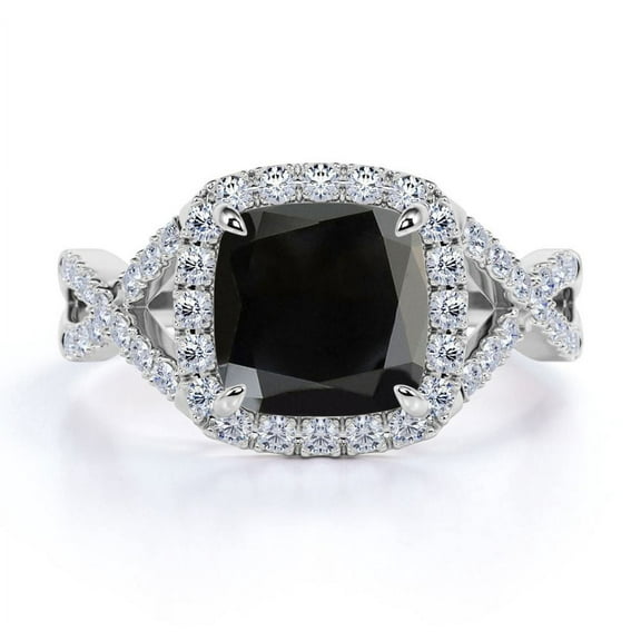 JeenMata Dazzling Pave Crossover 1.2 TCW Cushion Cut Lab Created Black Diamond and Moissanite 4-Prong Halo Engagement Ring in 18K White Gold Plating over Silver