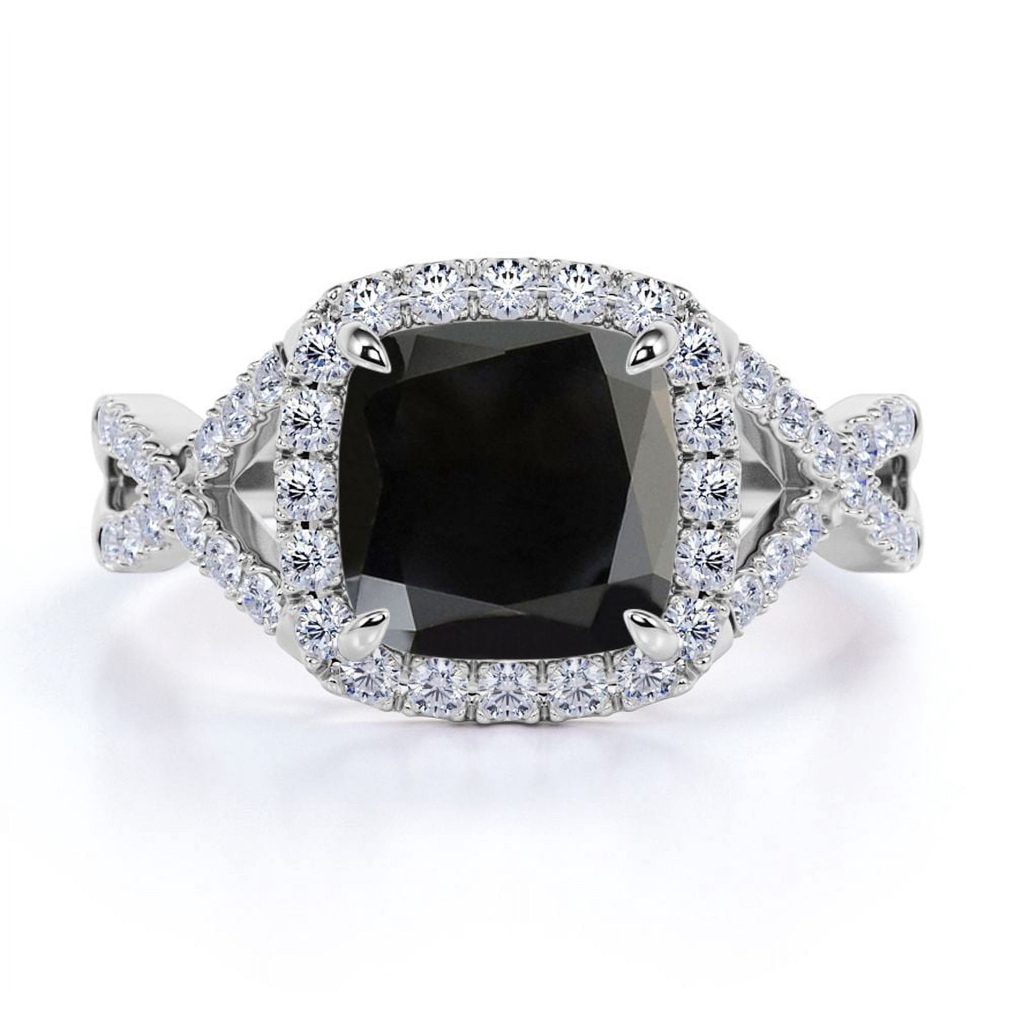 JeenMata Dazzling Pave Crossover 1.2 TCW Cushion Cut Lab Created Black Diamond and Moissanite 4-Prong Halo Engagement Ring in 18K White Gold Plating over Silver