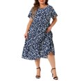 thumbnail image 1 of Vestido midi de lunares para mujer de talla grande GRACE & GRANDEUR, vestido de babydoll con mangas cortas y volantes, cintura elástica 2X azul oscuro, 1 of 8
