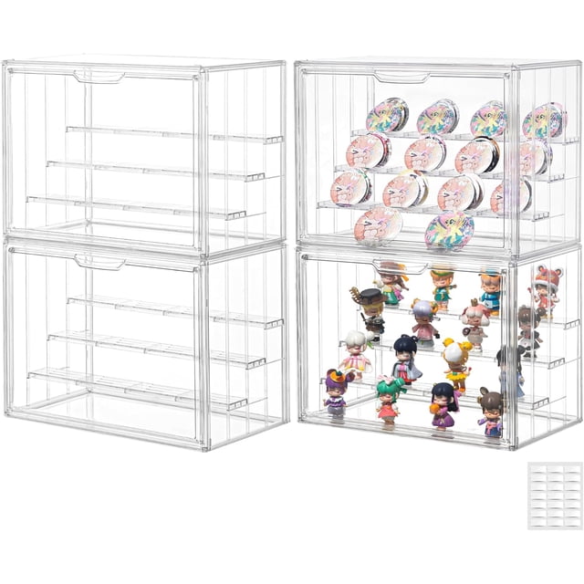 4 Pcs Clear Acrylic Display Case Upgrade 4 Tier Display Shelf with 3 Movable Plates, Stackable Display Box Showcase with Magnetic Door for Action Figures (L-4tier-4pack)