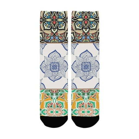 

Moroccan Decor Multi Set of Islamic and Portuguese Tile Patterns in Various Tones and Textures Boho Women s Custom Socks (Made In USA)