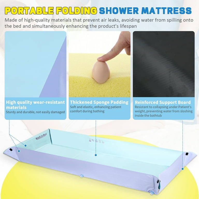 Ehucon 3-Fold Portable Bed Bath Tub for Disabled and Elderly – Shower Bed with Water Pillow, Drainage Pipes & Storage Bag, Adjustable Angle Bathtub for Bedridden Patients