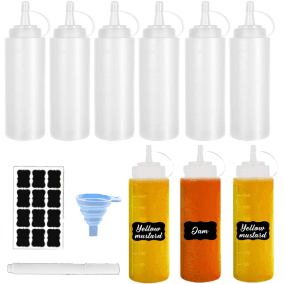 Squeeze Bottles, 8oz Plastic Condiment Squeeze Bottles with Labels & Funnels for Liquids Sauces Ketchup Oil, 12 Packs